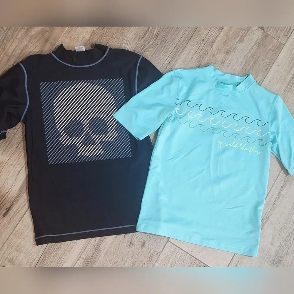 2 Pc Cherokee/Cat & Jack Kids Swim Rashguards - Black & Blue Sz 12/14 #1894